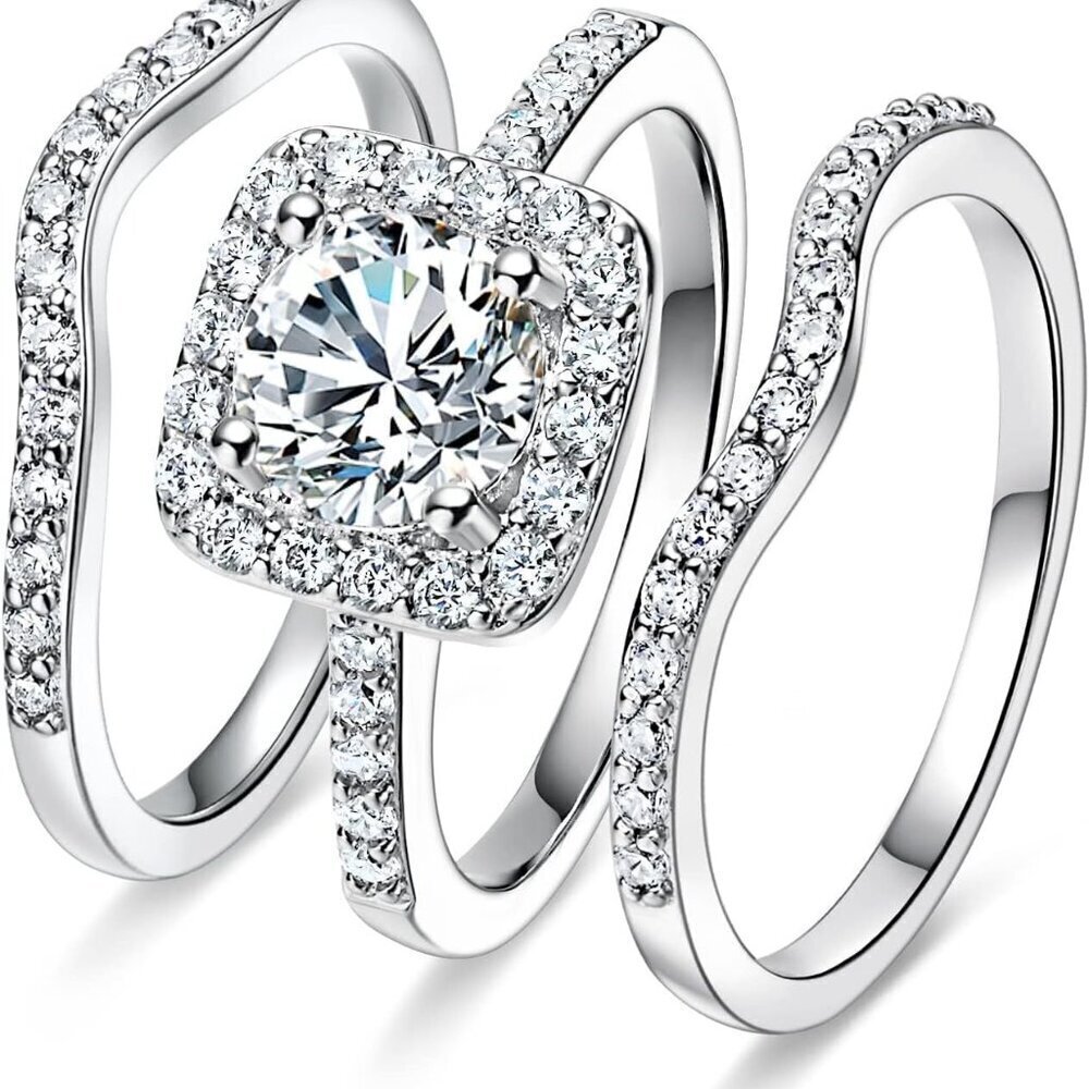 18K White Gold Plated Cubic Zirconia Hexagon Promise Engagement Ring for Women